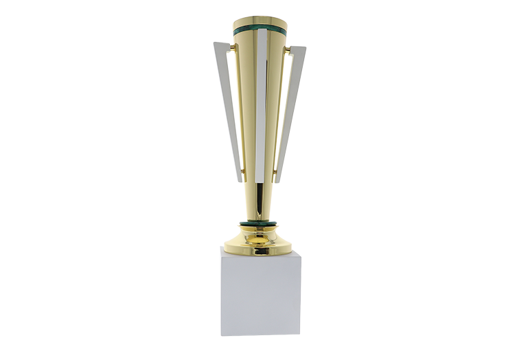 Custom gold cup award that possesses four white geometric handles atop a white base